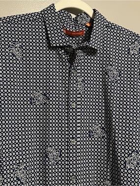 Tori Richard Navy Button-Down with White Leaf & Dot Print